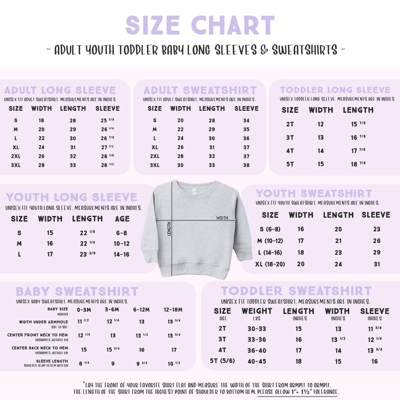 The image is a size chart for long sleeves and sweatshirts, providing measurements and corresponding sizes for different age groups and gender.