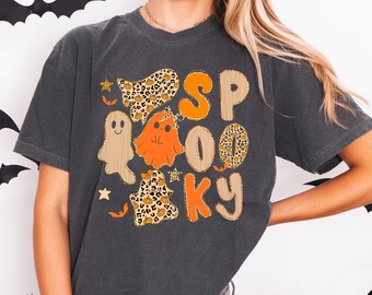 Spooky Ghost Shirt Leopard Halloween Shirt Faux Glitter Sparkly Shirt Cute Fall Pumpkin Shirt Comfort Colors® Shirt Spooky Halloween T-shirt