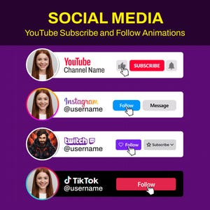 May include: A graphic promoting social media engagement, featuring YouTube, Instagram, Twitch, and TikTok animations. Each animation includes a profile picture, username, and call-to-action buttons like "Subscribe" and "Follow" on a purple background.