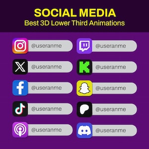 Peut inclure: Graphique présentant des icônes de médias sociaux, dont Instagram, Twitch, X et Facebook, avec le texte "SOCIAL MEDIA Best 3D Lower Third Animations". Chaque icône est associée à "@useranme" sur un rectangle arrondi gris, sur fond violet.