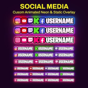 May include: A collection of social media overlay graphics featuring neon-style icons for Instagram, YouTube, Twitch, Kick, and Facebook, alongside the placeholder text USERNAME. The design includes various color schemes and layouts for streaming.