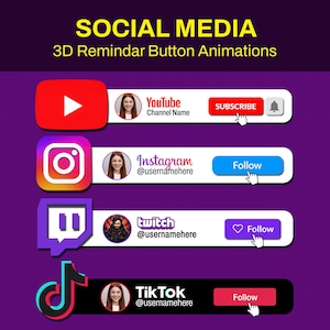 Custom Animated YouTube Subscribe Overlay | Social Media Follow Button Overlay For Instagram, TikTok, Twitch, Kick, X, Discord, Patreon