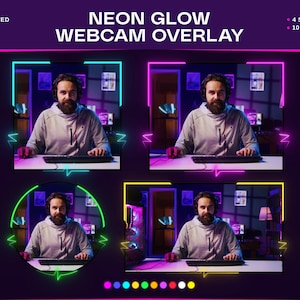 Puede incluir: Un gráfico digital que muestra un diseño de superposición de cámara web con el texto "NEON GLOW WEBCAM OVERLAY". El diseño presenta a un hombre con una sudadera con capucha gris, con marcos de neón en azul, rosa y amarillo. La superposición está disponible en 4 tamaños y 10 colores.