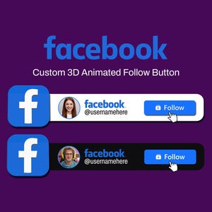 May include: A graphic showing two Facebook follow buttons. The buttons are blue with a white "f" logo. One button has a white background, the other is black. Each button includes a profile picture, username, and a "Follow" button.