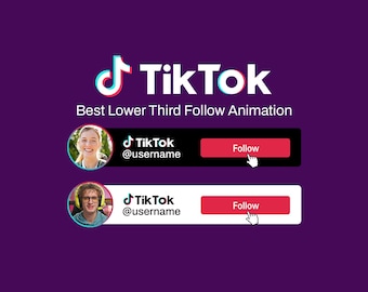 May include: A digital graphic featuring the TikTok logo and the text 'Best Lower Third Follow Animation'. It displays two horizontal bars, one black and one white, each containing a circular profile photo, the TikTok logo, '@username', and a red 'Follow' button with a cursor icon.