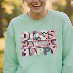 Sweat-shirt en patchwork de couleurs confort pour amoureux des chiens pour la Saint-Valentin | Pull confortable avec fausse lettre matelassée, col rond Cottagecore pastel pastel