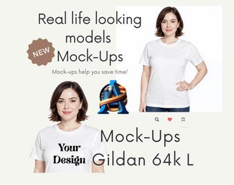 May include: Image featuring a woman wearing a white t-shirt. Text on the image reads "Real life looking models Mock-Ups" and "Your Design Gildan 64k L". A logo with an eagle and the letter "A" is also visible.