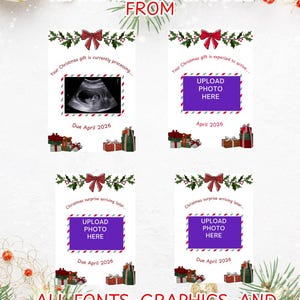 Könnte beinhalten: Vier anpassbare Designvorlagen für Weihnachtsansagen. Die Vorlagen enthalten Text, Grafiken und Platz für ein Foto. Der Text enthält Sätze wie "Ihr Weihnachtsgeschenk wird gerade bearbeitet" und "April 2026."