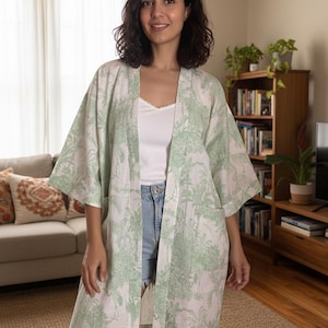Zielony botaniczny szlafrok kimono, lekki letni kardigan, boho z odkrytym przodem, swobodny kimonowy szlafrok plażowy, damski strój domowy