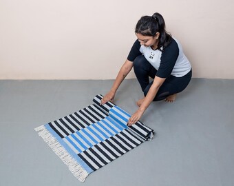 Handwoven Cotton Yoga Mat: Reversible Blue and Black, Eco-Friendly 2x6 ft