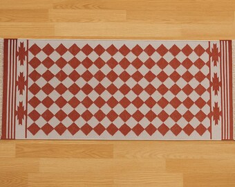 Rood en grijs kelimtapijt: handgemaakte katoenen geometrische loper, wasbaar boho-decor