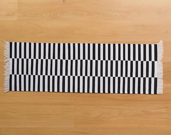 Handwoven Black and White Striped Cotton Runner Rug: Modern Kilim