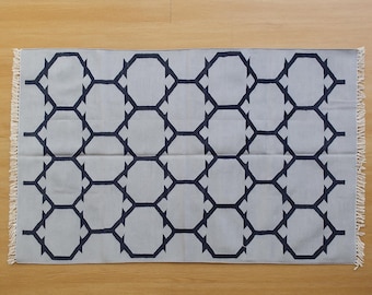 Handwoven Cotton Kilim Rug: Rustic Grey & Dark Blue Geometric Floor Decor