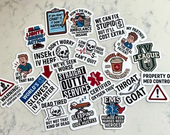 May include: A collection of white stickers with various medical-themed designs and text. The stickers feature phrases like "Straight Outta Service," "Coffee Chaos," and "EMS." The stickers are scattered on a light-colored surface.