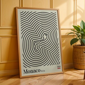 Impression de la piste de F1 de Monaco, cadeau de sport automobile, art de la topographie abstraite, affiche téléchargeable instantanée, cadeau pour les fans de formule un, art de la carte de la piste de course de Monaco