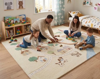 May include: A cream-colored children's rug with a town design, featuring roads, houses, trees, and animal illustrations. A family is playing with wooden toys on the rug. A wooden train track is laid out on the rug.