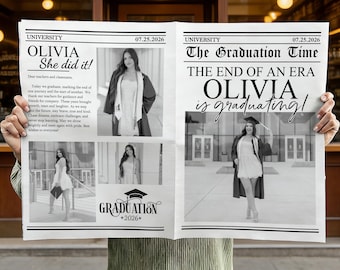 May include: Newspaper-style graduation announcement with the headline "OLIVIA She did it!" and "The Graduation Time." Features photos of a graduate in a cap and gown. Includes the date 07.25.2026 and the text "GRADUATION +2026+".