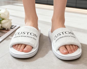 Personalized Plush Guest Slippers, Personalized Logo, Text Cotton-Lined Slides, Antiskid House Shoes for Wedding, Bridal Shower, Hotel Favor