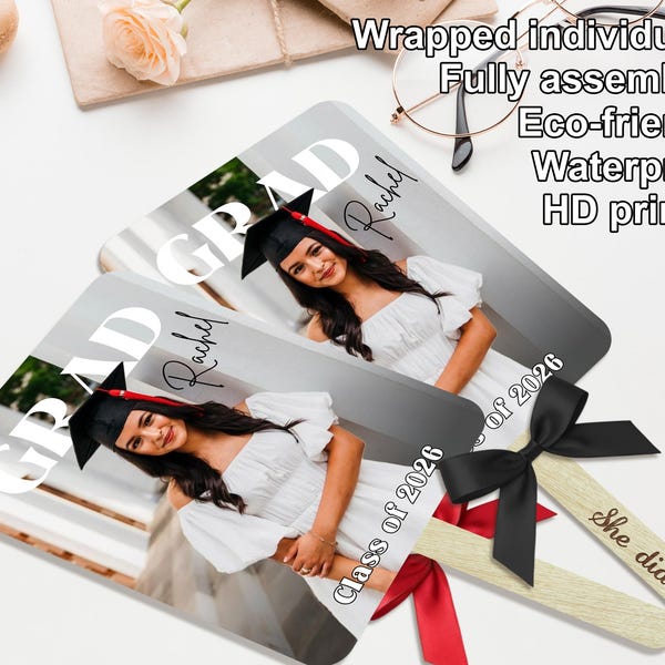 Personalized Graduation Photo Fans with Bows | Custom Grad Ceremony Hand Fans | Bulk Congrats Grad Gifts | Class of 2026 Party Favor & Decor