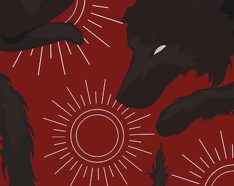 Curious – Mystical Black Wolf Print in Deep Red with Celestial Accents