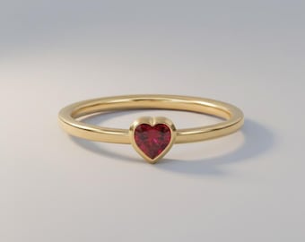 Anillo de corazón de rubí en oro macizo de 14k • Anillo delicado con engaste biselado para el dedo meñique de mujer • Regalo romántico de joyería fina • Anillo de cumpleaños o San Valentín para ella