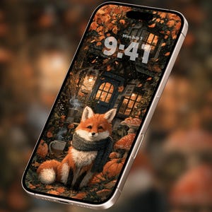 Op de afbeelding: Een smartphone met een digitale achtergrond van een vos met een grijze sjaal, zittend in een bosrijke omgeving met oranje herfstbladeren, pompoenen en een klein huisje. Het scherm toont de tijd 9:41 en de datum Mon July 7 in witte tekst.