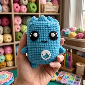 Blue Zero Spirit Monster Crochet Amigurumi, Cute Chibi Sprite Hand Knit Doll, Cottagecore Desk Figurine Decor