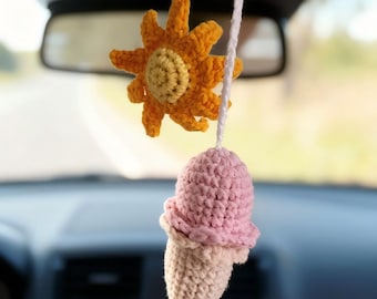 Colgante de helado de ganchillo para coche, accesorio hecho a mano para el espejo retrovisor de verano.