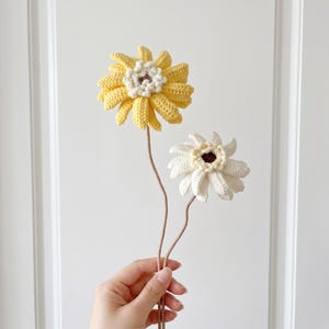 以下が含まれることがあります： 細い茎が付いた2つのクロッシェ編みの花。1つの花は鮮やかな黄色の花びらに白い中心部があり、もう1つはオフホワイトの花びらに濃い茶色の中心部があります。茎は薄茶色で、ワイヤーを巻いて作られているように見えます。