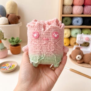 Pink Green Gradient Embossed Zero Cube Crochet Doll, Handmade Amigurumi Elf Desk Figurine, Cottagecore Sweet Girl Decor Gift