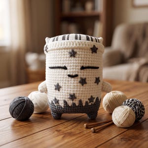 May include: A cylindrical crochet plush toy with a cream-colored body, a dark gray base, and a striped top. The plush features a simple embroidered face with closed eyes and a small smile, decorated with several dark gray star-shaped appliques.