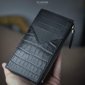 Personalized Alligator Leather Card Holder Wallet: Handmade Zipper Wallet