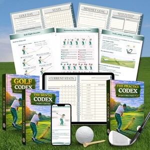 May include: A collection of golf training materials, including books, a tablet, and printed guides. The books are titled "Golf Codex," "The Mental Codex," and "The Practice Codex." A golf ball, tee, and club are also present, along with a smartphone displaying golf swing information.
