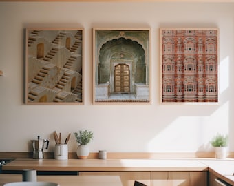 Jaipur India Photography Print Set of 3 // Amer Stepwell, City Palace, Hawa Mahal
