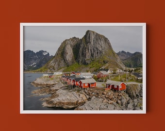 Lofoten Islands Print // Norway Travel Photography, Red Cabins