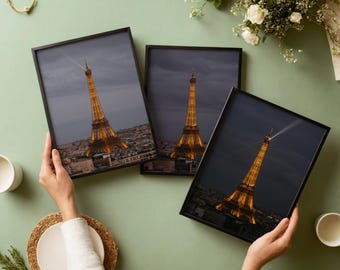 Eiffel Tower Evening Photography Print Set of 3 // Paris Travel Art