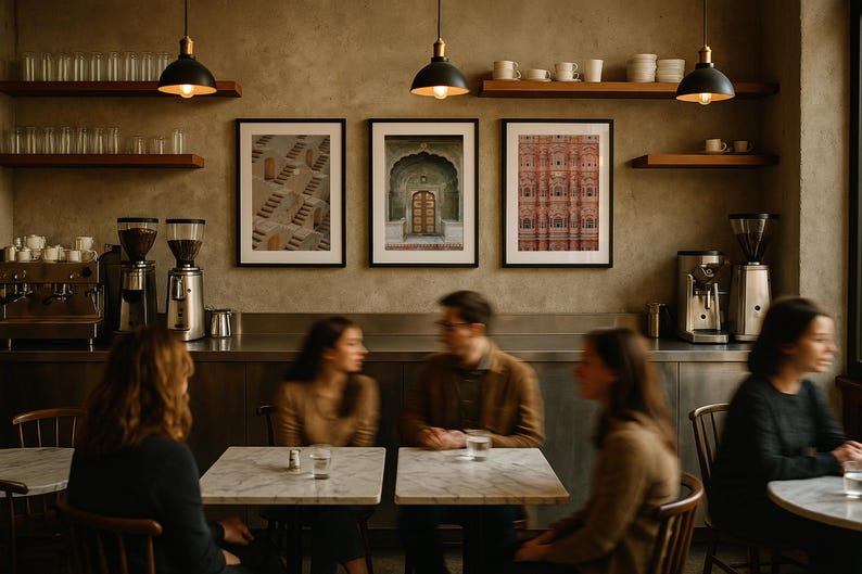 Op de afbeelding: Een koffiebar-interieur met drie ingelijste architecturale prints aan een getextureerde muur, houten planken met witte keramische mokken, zwarte hanglampen, roestvrijstalen espressomachines en tafels met marmeren bladen en houten stoelen.