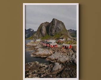 Lofoten Islands Print // Norway Travel Photography, Red Cabins