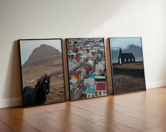 Iceland Photography Print Set of 3 // Icelandic Horse, Reykjavik Rooftops, Black Church