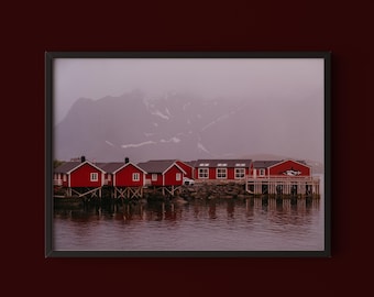 Lofoten Midnight Sun Print // Norway Travel Photography, Red Cabins