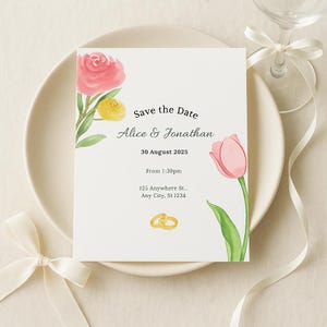 Modello modificabile per Save the Date floreale - Invito di nozze digitale, invito Canva, download stampabile, design di fiori selvatici primaverili