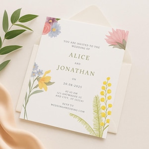 Faire-part de mariage floral modifiable - modèle d'invitation bohème minimal, téléchargement sur toile, carte de mariage imprimable, conception de mariage d'été
