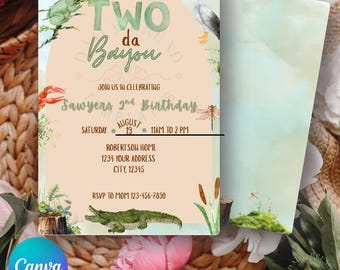 Two da Bayou Birthday Invitation: Louisiana Watercolor Alligator, Crawfish (Digital Download)
