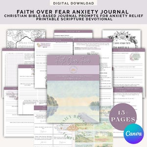 May include: A digital download of a Christian Bible-based journal for anxiety relief. The journal includes prompts and scripture devotionals. The cover features the text "Faith Over Fear" and a watercolor landscape. The journal has over 15 pages.