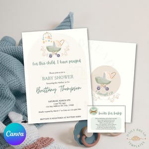 This Child I Have Prayed Baby Shower Invitation with Book Request Card | 1 Samuel 1:27 | Christian Baby Shower | Printable Canva Template