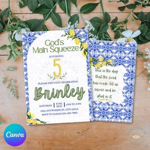 Convite de Aniversário "God’s Main Squeeze" | Convite de Aniversário Christian Lemon | Cartão de Festa para Imprimir com Salmo 118:24