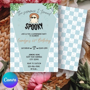 Invitación de cumpleaños de Summerween / Fantasma y palmeras espeluznantes / Invitación inspirada en Halloween tropical azul / Plantilla editable
