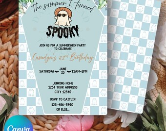 Summerween Birthday Invitation | Spooky Ghost, Tropical Palm (Editable Template)