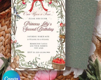 Snow White Birthday Invitation: Watercolor Forest Animals & Apples