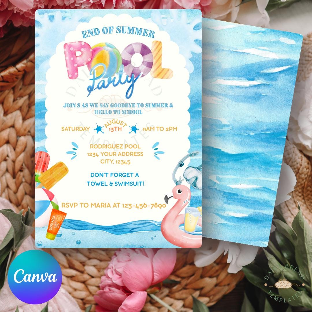 Watercolor Pool Party Invitation: Back to School Summer Splash (Canva Template)